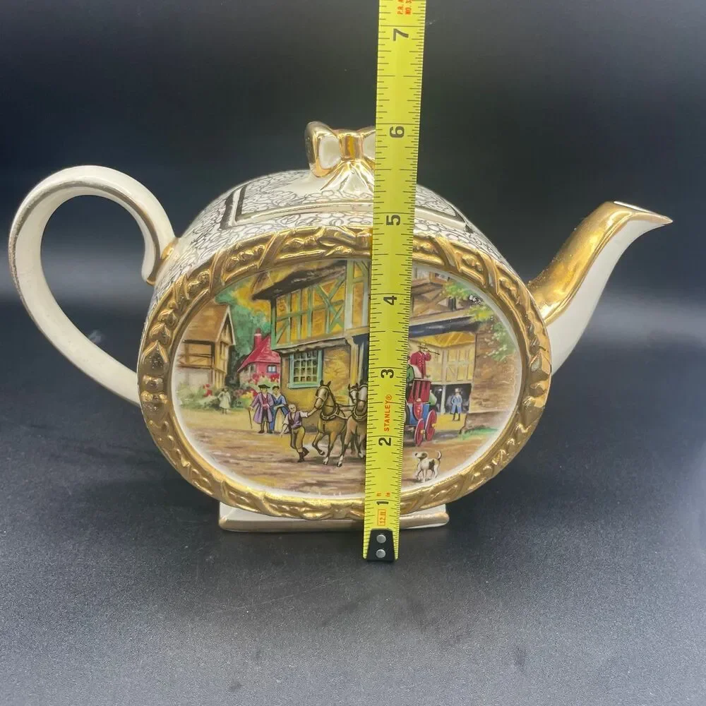 Vintage James Sadler Barrel Teapot Tavern Country Scene 1877 Made In England